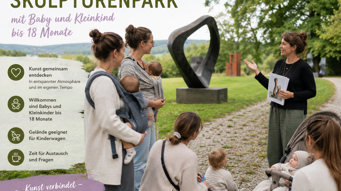 Mütter mit Babys bei Führung im Skulpturenpark mit Kinderwagen und Skulpturen im Grünen. | © ChatGPT-Christine Rotschädl