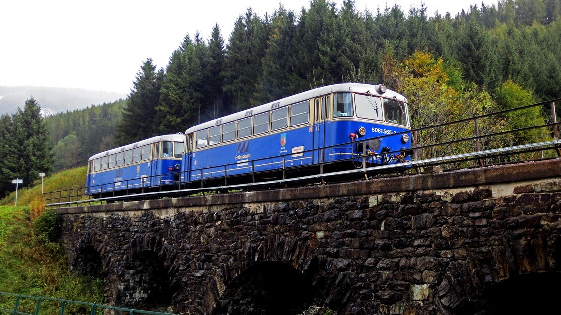 Ein blauer Zug fährt über eine alte Steinbrücke in einer bewaldeten Landschaft. Der Himmel ist bewölkt und die Natur um ihn herum ist grün. | © Verein Erzbergbahn