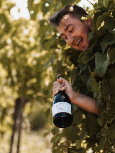 Ein fröhlicher Mann hält eine Flasche Wein in einem Weinberg. Um ihn herum sind grüne Reben und Sonnenlicht.