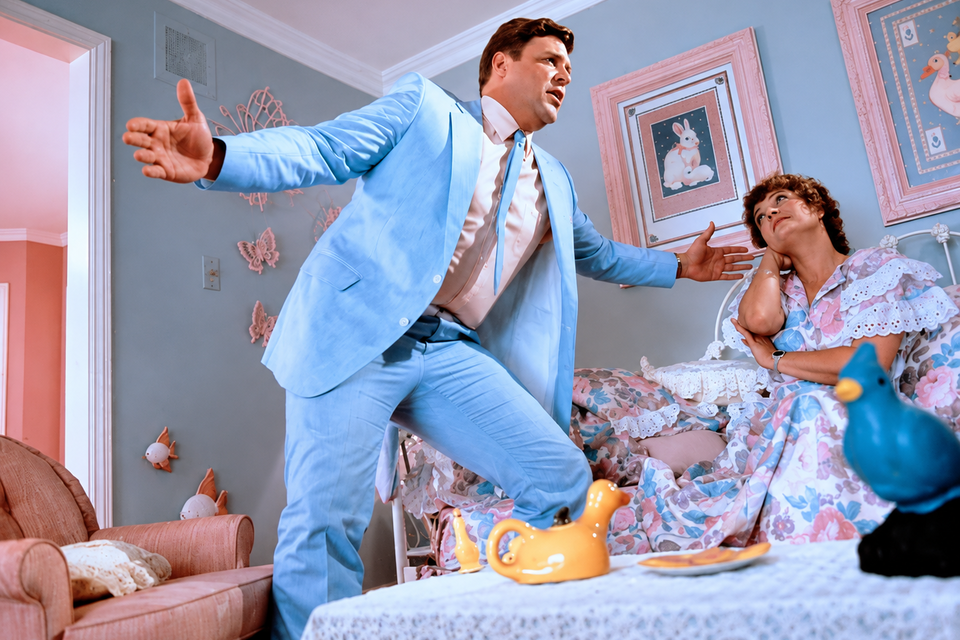 Filmszene aus David Byrnes „True Stories“ mit zwei Personen in einem pastellfarbenen Wohnzimmer. | © 1986 Warner Bros-Jonathan Demme