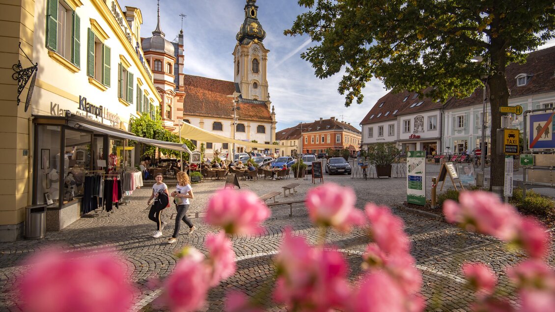 Ein belebter Platz mit bunten Blumen im Vordergrund. Im Hintergrund sind historische Gebäude und eine Kirche zu sehen. | © Tourismusverband Oststeiermark