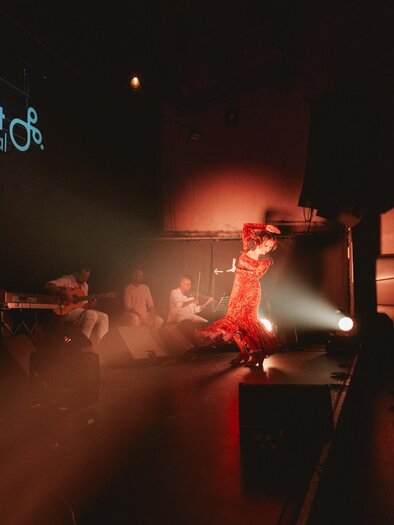 A dancer in a red dress presents herself on stage during a folk art festival. In the background, musicians can be seen, and the lights create a festive atmosphere. | © Madeleine Marie