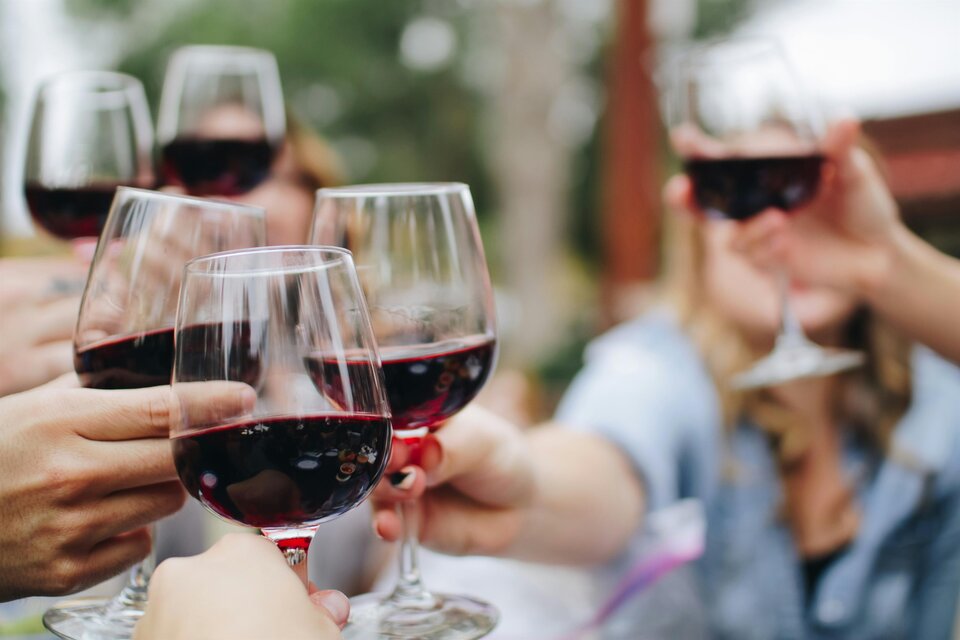 Eine Gruppe von Menschen stößt mit Weingläsern an. Die Gläser sind mit rotem Wein gefüllt und die Stimmung ist festlich. | © kelsey-knight-unsplash