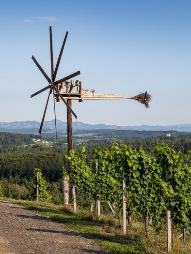 Ein Weinfeld mit einer großen Weinbaumühle im Hintergrund. Die Landschaft ist hügelig und strahlt eine ruhige Atmosphäre aus. | © TV Südsteiermark