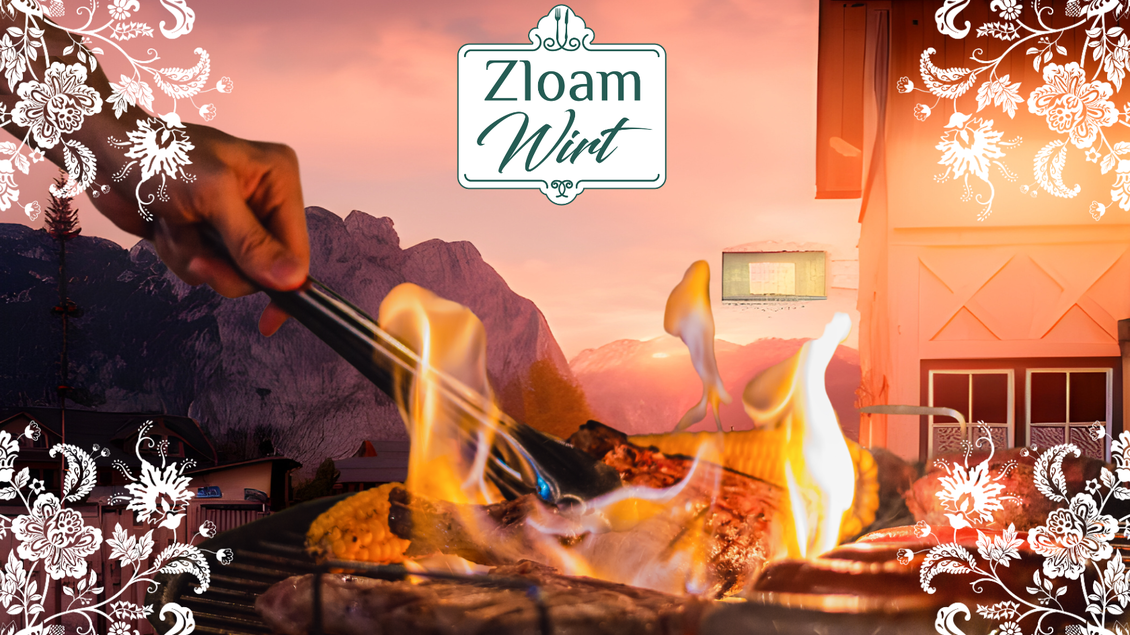 Ein schöner Grill mit Feuer und leckerem Fleisch wird zubereitet. Im Hintergrund sind Berge und ein Haus zu sehen. | © www.zloamwirt.at