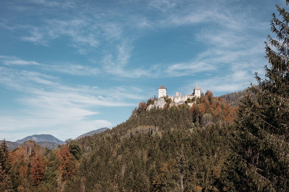 Eine Luftaufnahme einer alten Burg umgeben von grünen Wäldern und sanften Hügeln. Im Hintergrund sind eine kleine Stadt und das Tal sichtbar. | © TV Gesäuse