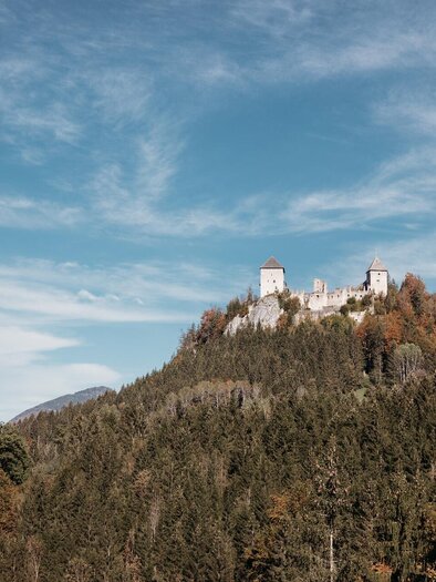 Eine Luftaufnahme einer alten Burg umgeben von grünen Wäldern und sanften Hügeln. Im Hintergrund sind eine kleine Stadt und das Tal sichtbar. | © TV Gesäuse