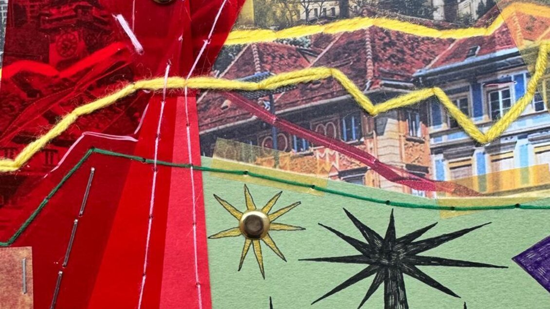 Eine kreative Collage mit leuchtenden Farben und verschiedenen Texturen. Die Darstellung umfasst geometrische Formen, Landschaftsbilder und abstrakte Elemente. | © Anton Tkachenko