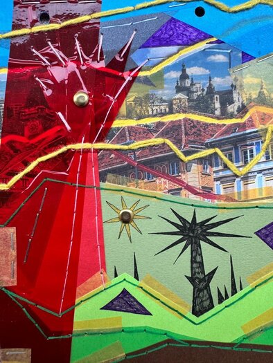Eine kreative Collage mit leuchtenden Farben und verschiedenen Texturen. Die Darstellung umfasst geometrische Formen, Landschaftsbilder und abstrakte Elemente. | © Anton Tkachenko