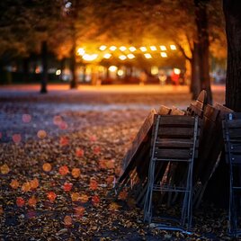 Ein herbstlicher Biergarten in der Dämmerung, mit zusammengeklappten Holztischen und -stühlen unter Bäumen, deren Laub den Boden bedeckt. Im Hintergrund leuchten warme Lichter in der Ferne und erzeugen eine gemütliche Atmosphäre. | © Pixabay