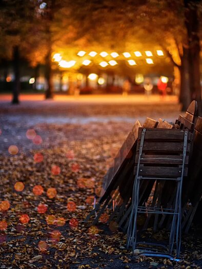 An autumn beer garden at dusk, with folded wooden tables and chairs under trees whose leaves cover the ground. In the background, warm lights glow in the distance, creating a cozy atmosphere. | © Pixabay