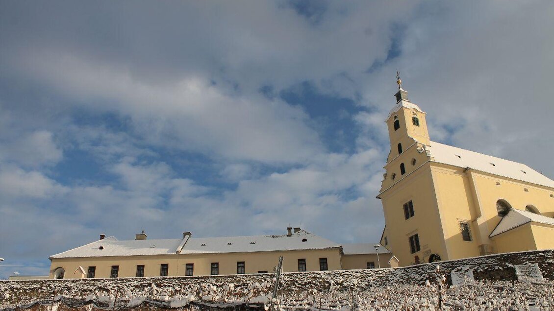 Eine gelbe Kirche mit einem Turm steht vor einem bewölkten Himmel. Im Vordergrund sind schneebedeckte Weinreben sichtbar.