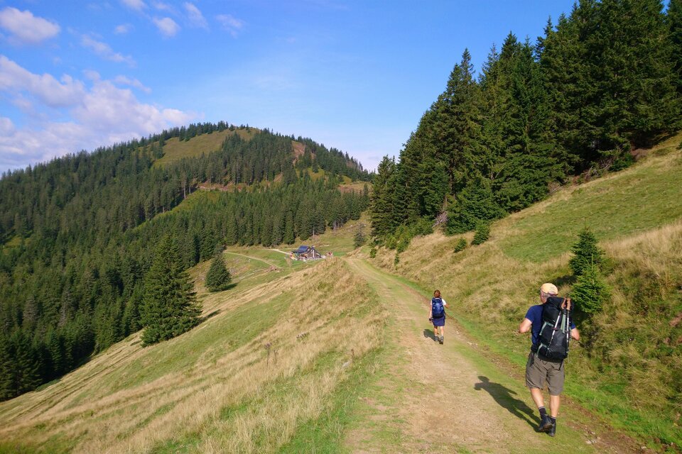 Zwei Wanderer gehen einen Pfad entlang, umgeben von grünen Wäldern und Bergen. Der Himmel ist klar mit einigen Wolken. | © Michael Geißler