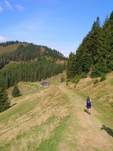 Zwei Wanderer gehen einen Pfad entlang, umgeben von grünen Wäldern und Bergen. Der Himmel ist klar mit einigen Wolken. | © Michael Geißler