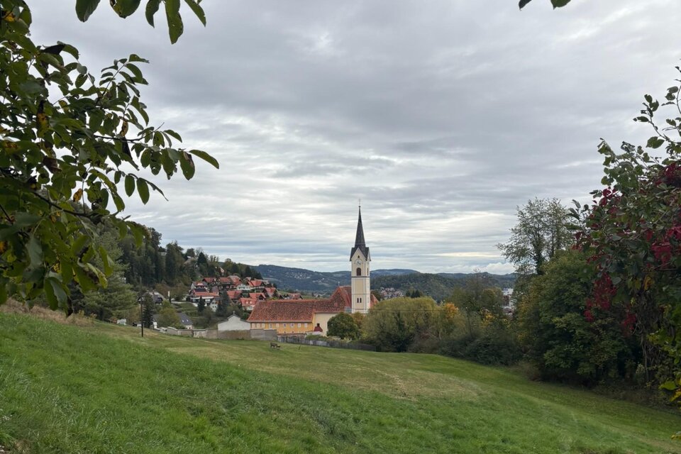 Blick über eine grüne Wiese auf die Wallfahrtskirche Maria Lankowitz mit ihrem Kirchturm, umgeben von Häusern und Hügeln. | © Kohlbacher
