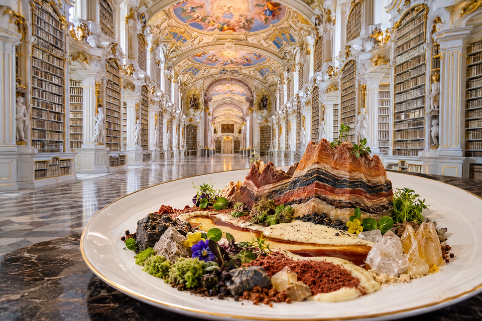 Ein kunstvoll angerichtetes Gericht auf einem eleganten Teller, das eine bergartige Struktur aus verschiedenen Zutaten zeigt. Im Hintergrund ist eine beeindruckende Bibliothek mit hohen Regalen und prächtigen Decken zu sehen.