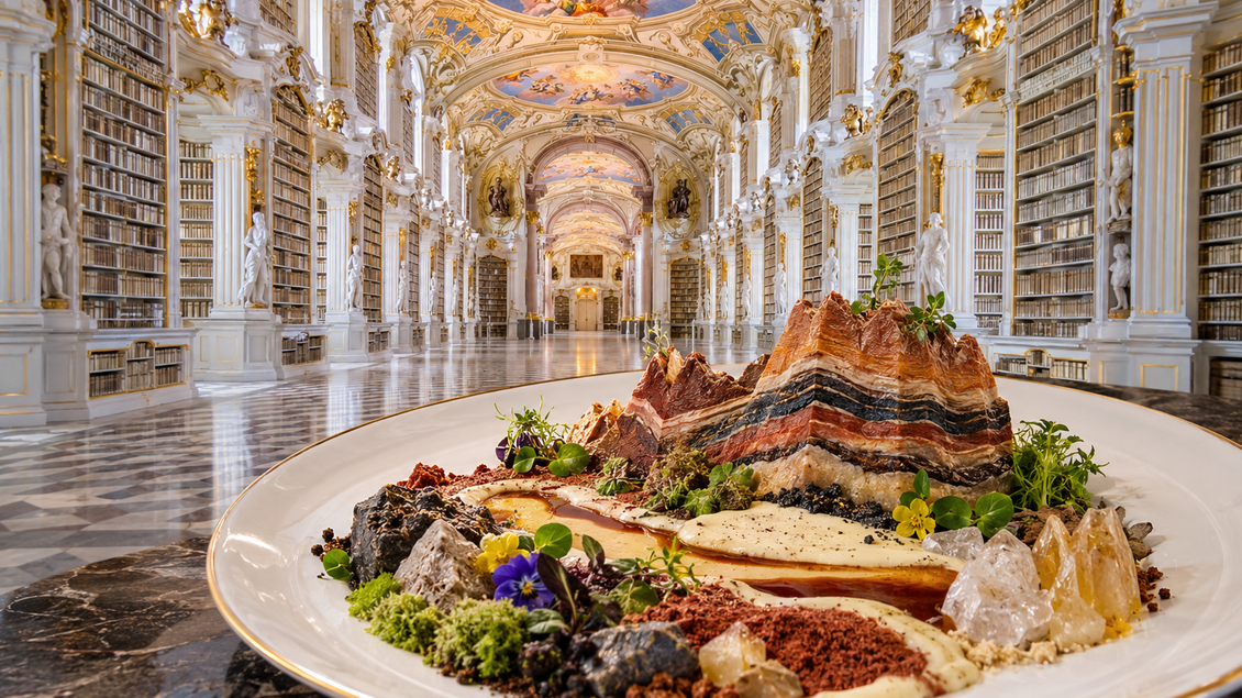 Ein kunstvoll angerichtetes Gericht auf einem eleganten Teller, das eine bergartige Struktur aus verschiedenen Zutaten zeigt. Im Hintergrund ist eine beeindruckende Bibliothek mit hohen Regalen und prächtigen Decken zu sehen.