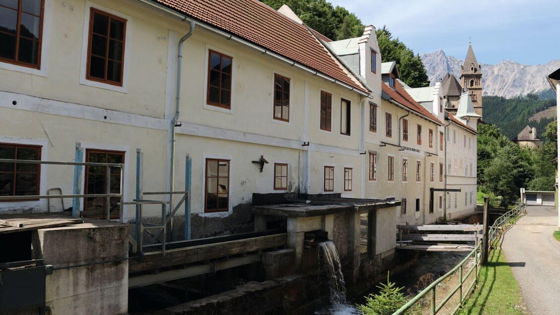 Ein Ausstellungsraum mit historischen Objekten, darunter eine alte Mühle und verschiedene Gemälde. Es gibt auch Uniformen und zahlreiche Bilder an den Wänden. | © Gerberei Salzer