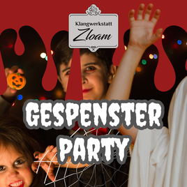 A spooky Halloween party with children in costumes. Colorful lights are shining in the background and a spider web hangs decoratively. | © www.zloam.at