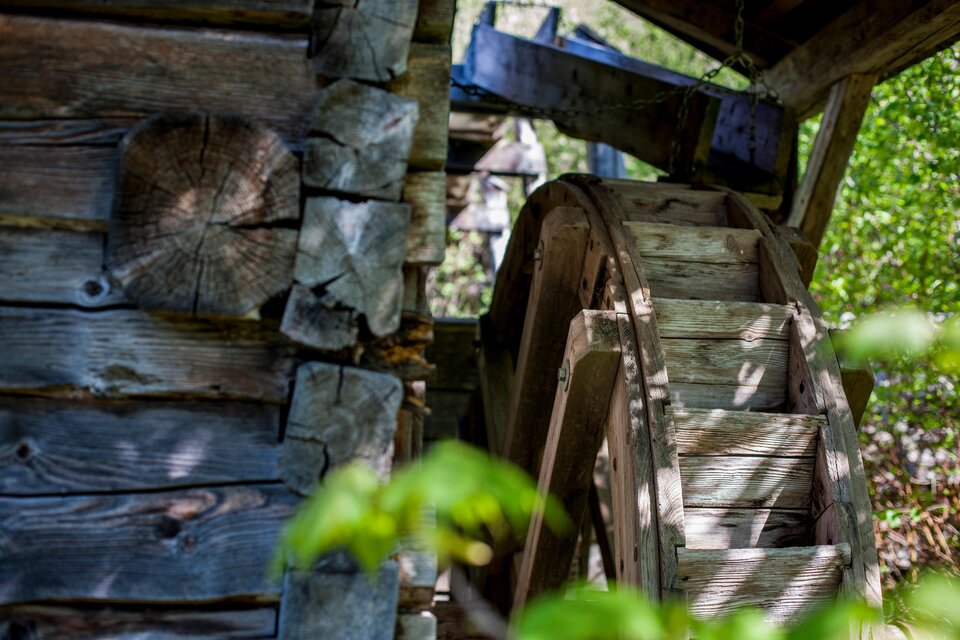 Ein Holzrad in der Nähe eines alten Wasserrads. Umgeben von grünen Blättern und sonnigem Licht. | © Holzmuseum
