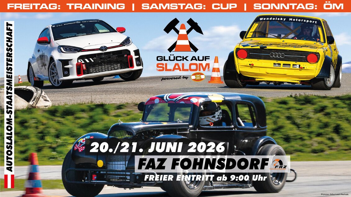 Ein Plakat für das Slalom-Rennen in Fohnsdorf mit verschiedenen Rennwagen. Die Veranstaltung findet am 20. und 21. Juni 2026 statt und der Eintritt ist frei ab 9:00 Uhr. | © Peter Hopf
