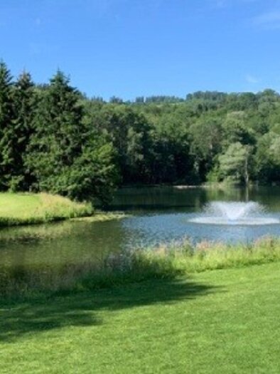 Teich mit Fontäne am Golfplatz Erzherzog Johann, umgeben von Wiesen und Bäumen in der Lipizzanerheimat. | © GEPA Pictures