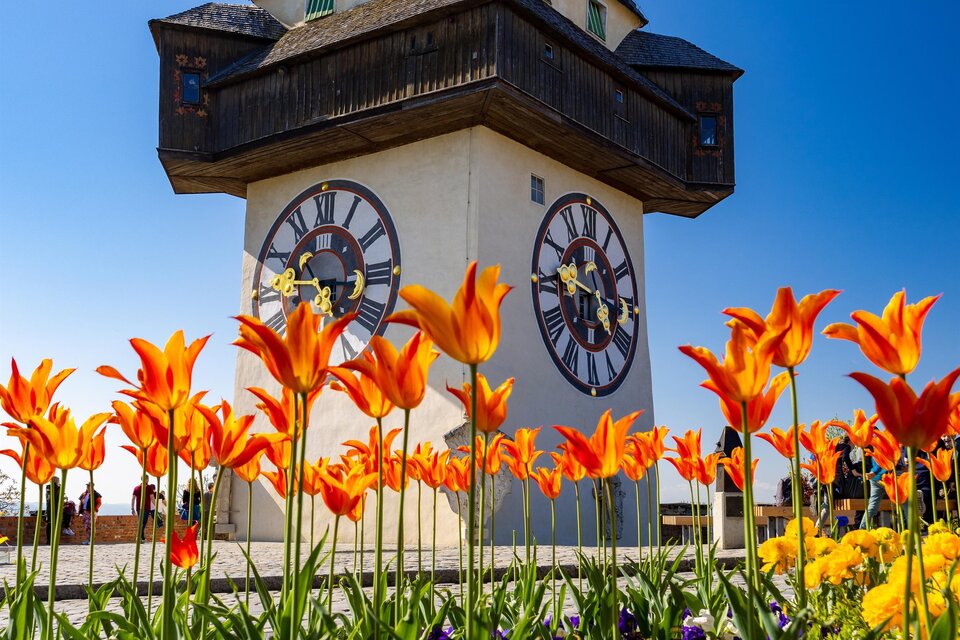 Ein schöner Uhrturm umgeben von bunten Blumen. Der Himmel ist klar und blau. | © (c) Graz Tourismus - Harry Schiffer