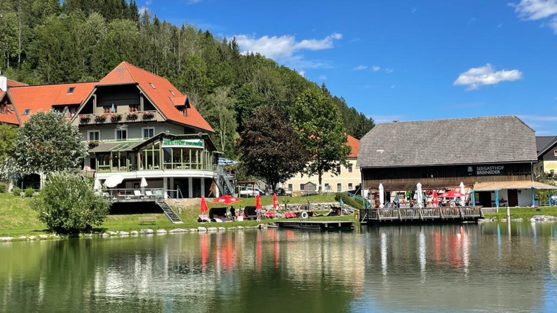 zu sehen ist ein Gasthof mit See.