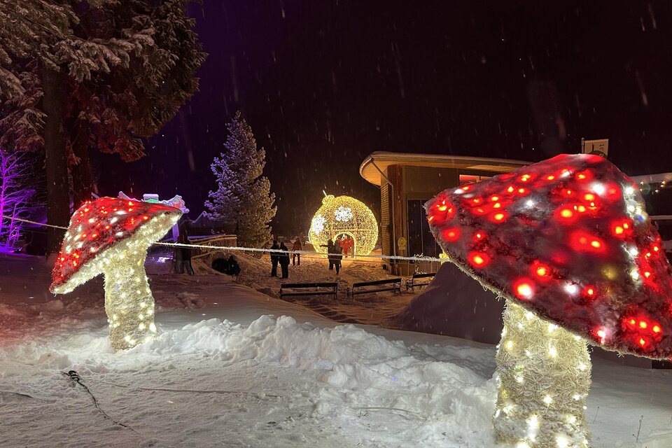 Ein winterlicher Ort mit festlich beleuchteten Pilzen aus Weihnachtslichtern. Im Hintergrund sind verschneite Bäume und eine leuchtende Kugel zu sehen. | © Mariazeller Bürgeralpe