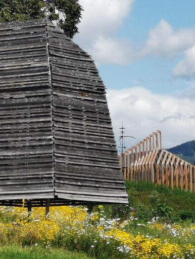 A rural scene featuring an old, heavy wooden building and modern wooden structures in the background. The meadow is adorned with colorful flowers.