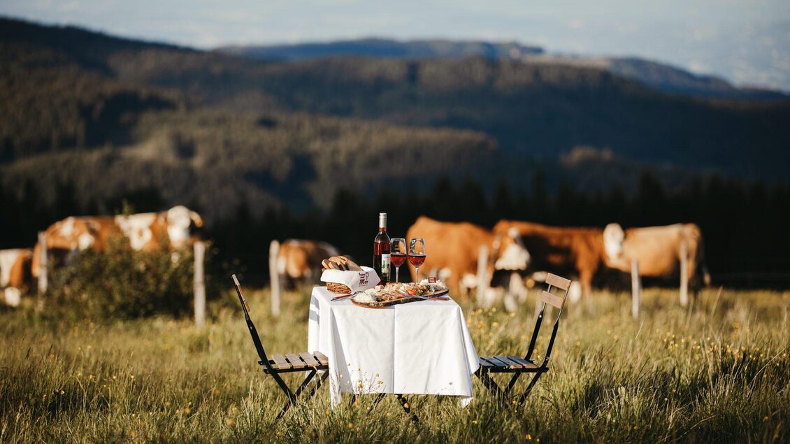 Ein romantisches Picknick auf einer Wiese mit Blick auf sanfte Hügel. Der Tisch ist gedeckt mit Wein, Brot und Käse, während Kühe im Hintergrund grasen. | ©  Achromaticphotography