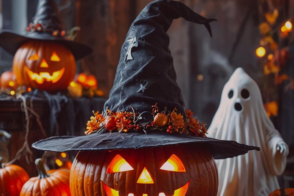 Eine dekorative Halloween-Szene mit leuchtenden Kürbissen und einer Hexen-Hut-Dekoration. Im Hintergrund ist ein weißes Gespenst und herbstliche Beleuchtung zu sehen. | © Pixabay