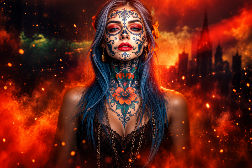 Frau mit kunstvoller Gesichtsbemalung vor Flammen und dunkler Stadtkulisse beim Halloween Rave in Bärnbach | © ChatGPT-Christine Rotschädl