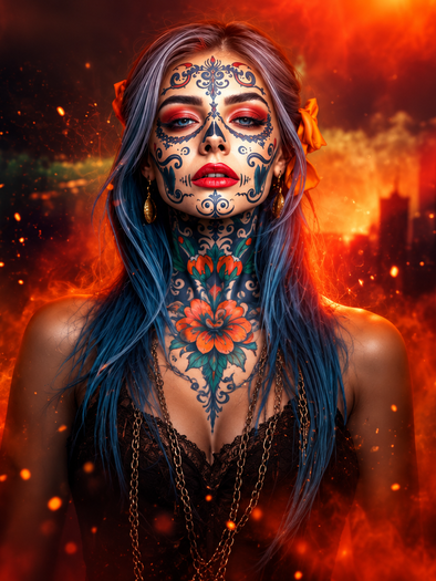 Woman with elaborate face paint in front of flames and a dark city backdrop at the Halloween rave in Baernbach | © ChatGPT-Christine Rotschädl