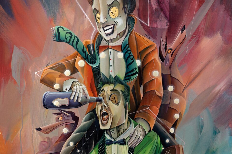 Ein lebhaftes Kunstwerk, das zwei Figuren zeigt, die in einer verspielten und surrealen Szene interagieren. Eine figur gießt eine Flasche in den Mund der anderen, umgeben von bunten, abstrakten Hintergründen. | © Tom Lohner