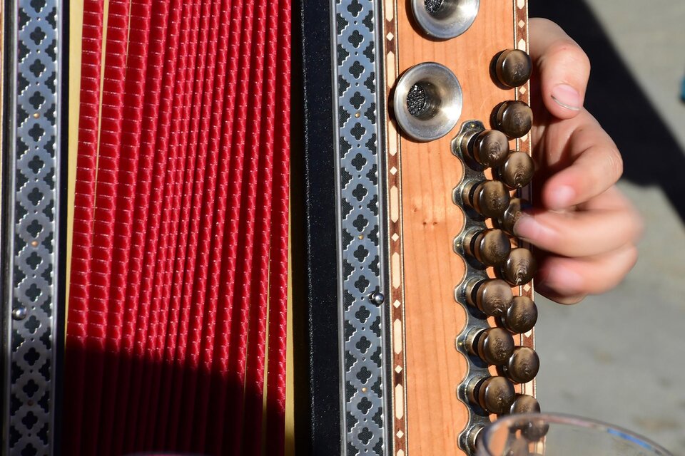 Ein traditionelles Akkordeon mit rotem Bellows und glänzenden Tasten. Eine Hand spielt auf dem Instrument, während es in der Sonne steht. | © AdobeStock - Wolfgang Spitzbart