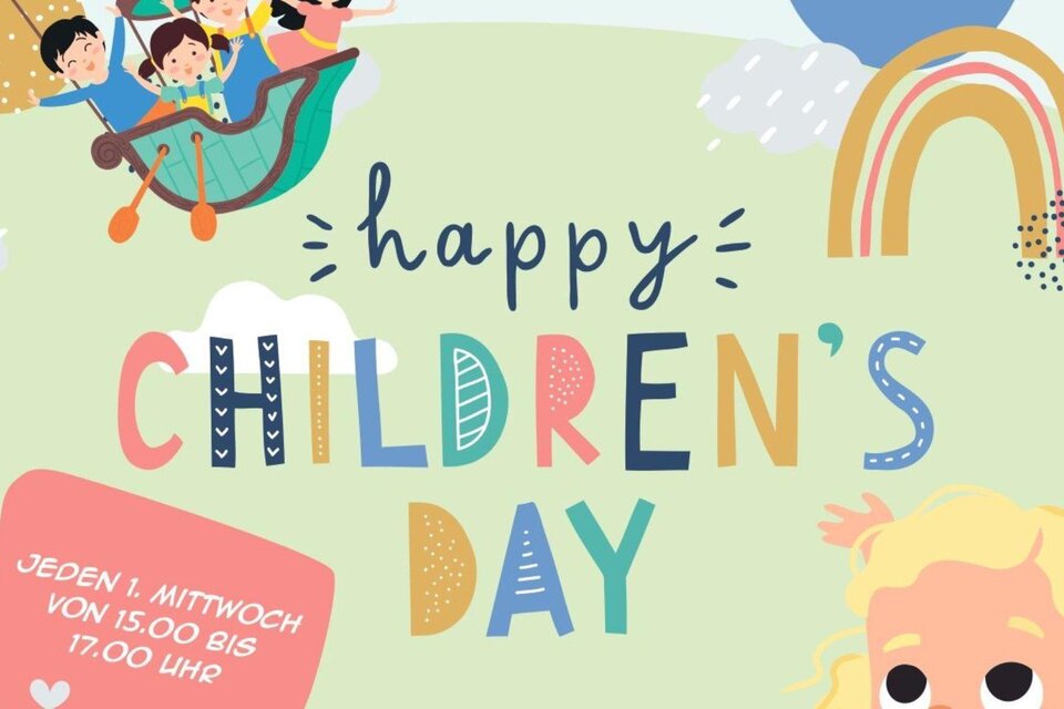 <p>Ein buntes Plakat zum Kindertag mit fröhlichen Kindern und einem Regenbogen. Der Text informiert über das Event jeden ersten Mittwoch im Monat von 15:00 bis 17:00 Uhr. | © Evangelische Pfarre Bad Aussee