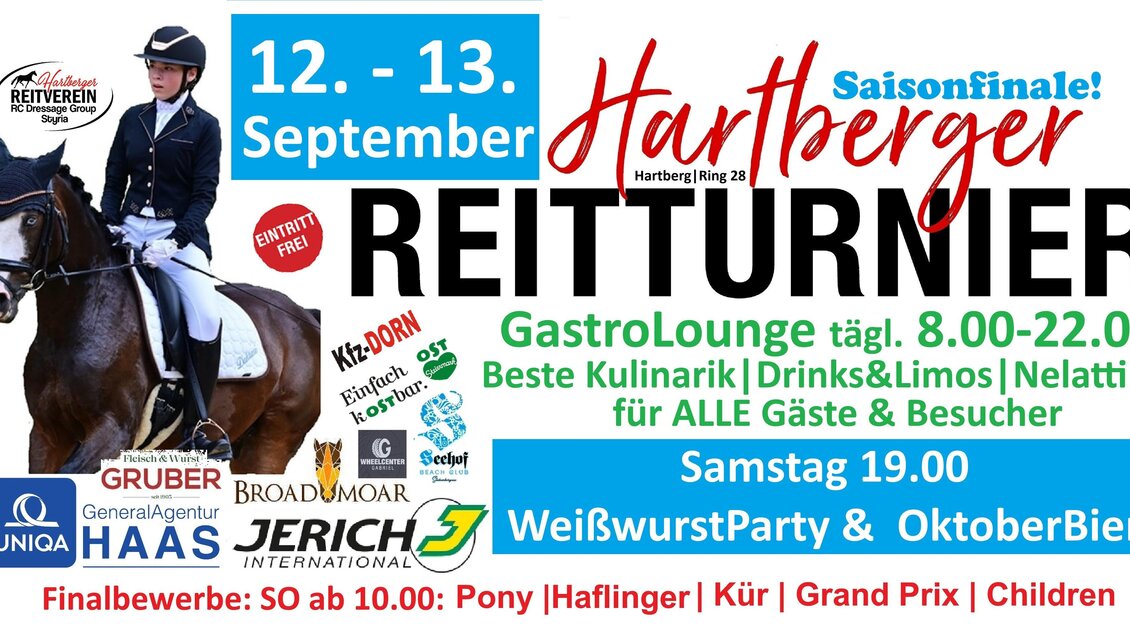 Ein Plakat für das Hartberger Reitturnier am 12. und 13. September. Informationen über Gastronomie, Veranstaltungen und das Finale sind ebenfalls enthalten. | © Hartberger Reitverein RC Dressage Group Styria