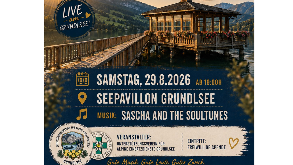 Auf dem Plakat zu Heartbeat am Grundlsee ist der schöne Grundlsee mit seinem Musikpavillon im Sonnenlicht zu sehen. Die Veranstaltung findet am 29. August 2026 statt. | © Christian Wiesinger