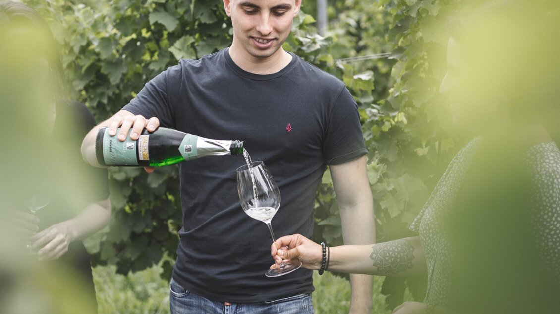 Ein junger Mann schenkt in einem Weinberg Sekt in ein Glas ein. Um ihn herum sind grüne Reben und eine ruhige Landschaft. | © Weingut Regele