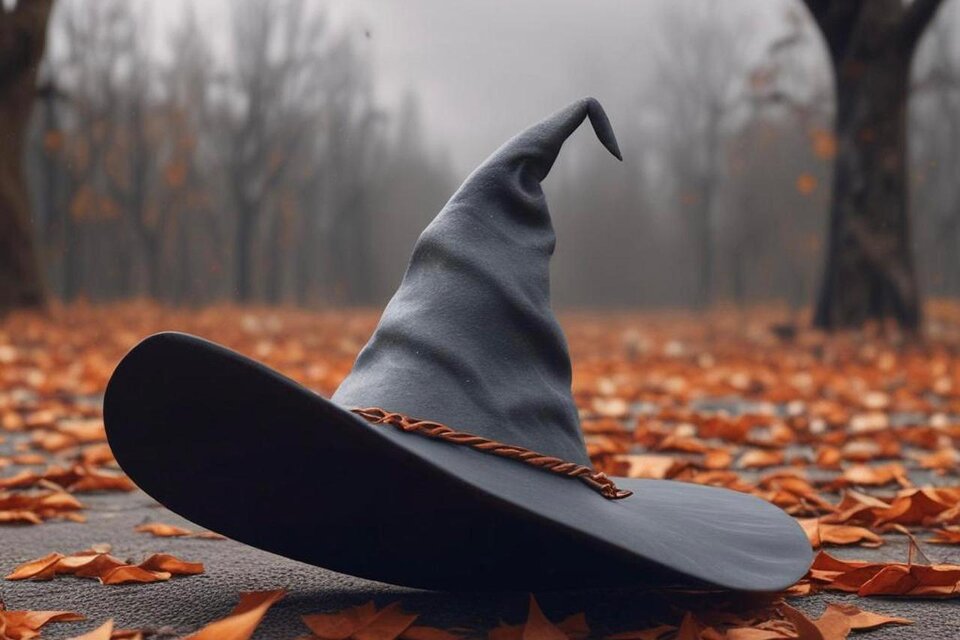Ein schwarzer Zauberhut liegt auf einem mit herbstlichen Blättern bedeckten Weg. Im Hintergrund sind kahle Bäume in einer nebligen Atmosphäre zu sehen. | © pixabay.com