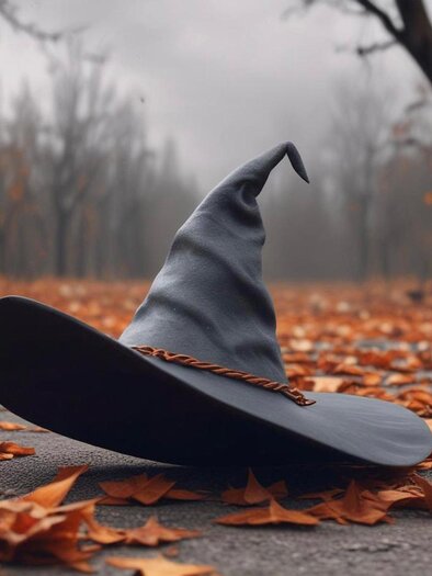 A black magic hat lies on a path covered with autumn leaves. In the background, bare trees are visible in a misty atmosphere. | © pixabay.com