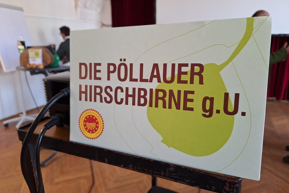 Ein Schild mit der Aufschrift „Die Pöllauer Hirschbirne g.U.“ steht auf einem Tisch. Im Hintergrund sind unscharfe Personen und eine Wand zu sehen. | © Tourismusverband Oststeiermark