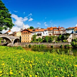 Eine malerische Stadt am Fluss mit bunten Häusern und einer steinernen Brücke. Im Vordergrund blühen gelbe Blumen auf einer Wiese.