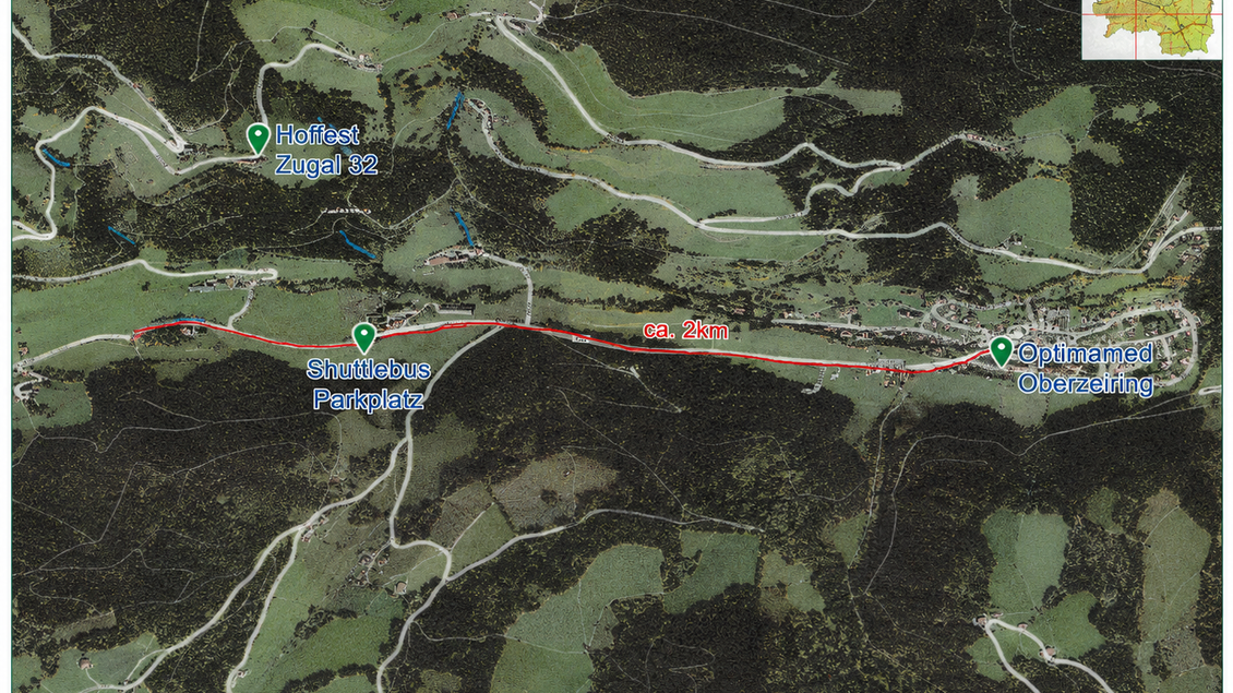 Eine detaillierte Karte zeigt die Umgebung des Hoffestes in der Steiermark. Wichtige Punkte wie Parkplätze und Sehenswürdigkeiten sind eingezeichnet. | © GIS Steiermark