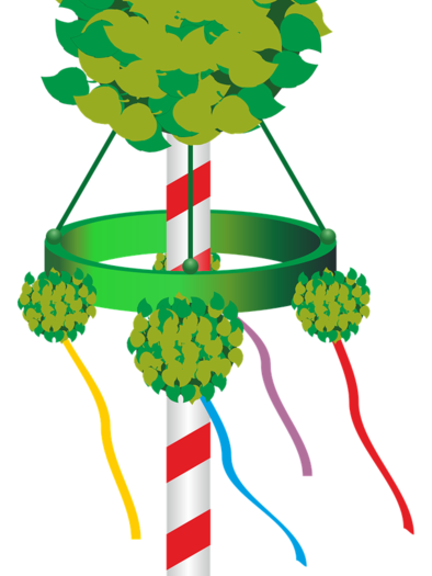 Ein geschmückter Maibaum mit bunten Bändern. Die Baumkrone ist aus grünen Blättern und der Stamm ist rot-weiß gestreift. | © pixabay