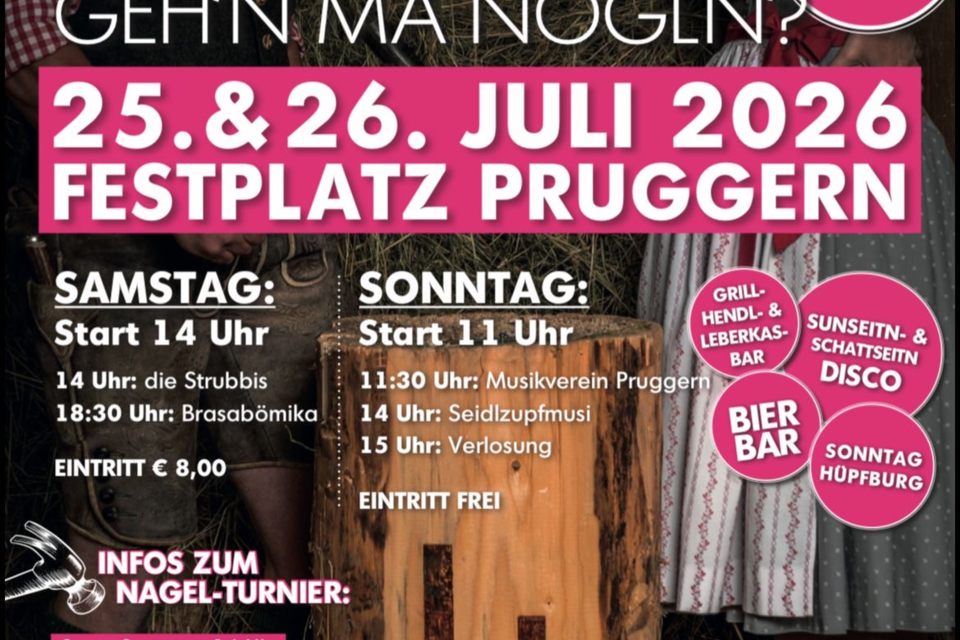 Ein Plakat für das Hommafest, das am 25. und 26. Juli 2026 in Pruggern stattfindet. Es enthält Informationen zu Veranstaltungen, Zeiten und Eintritt. | © Landjugend Pruggern-Michaelerberg