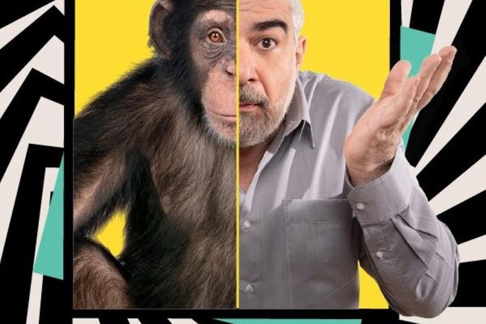 Plakat für das Kabarettprogramm „Homo Idioticus 2.0“ von Michael Niavarani. Zu sehen ist eine geteilte Darstellung eines Schimpansen und Michael Niavarani vor gelbem Hintergrund, ergänzt durch den Schriftzug „Der Trottel ist zurück“. | © Michael Niavarani