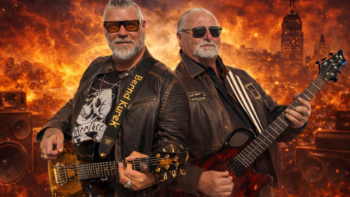Zwei Musiker stehen vor einem dramatischen, feurigen Hintergrund. Sie tragen Sonnenbrillen und Lederjacken und halten E-Gitarren. | © Mema Medien Marketing GmbH