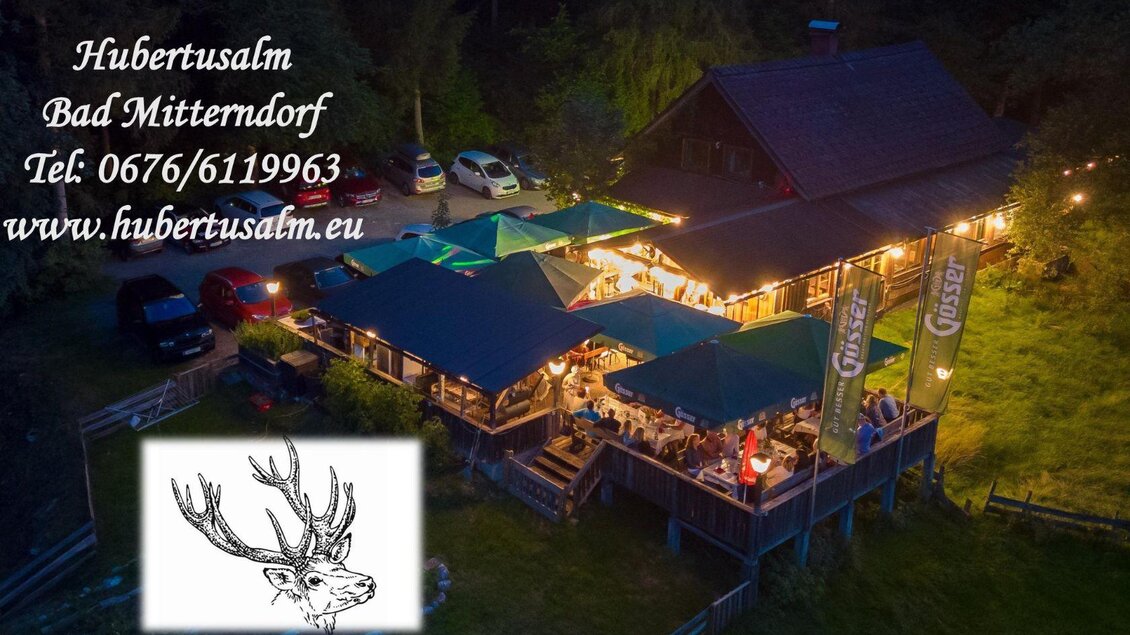 Die Hubertusalm in Nachtstimmung. Die Alm ist schön beleuchtet, an den Tischen sitzen Gäste und genießen den lauen Sommerabend. | © Hubertusalm